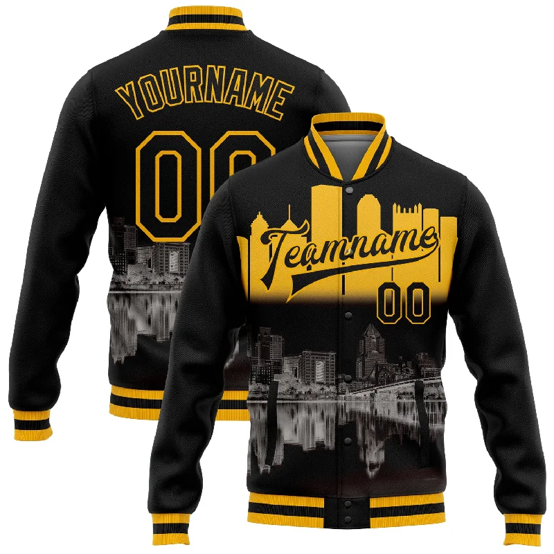 One Size Black Gold Pittsburgh Pennsylvania City Edition 3D Bomber Full-Snap Varsity Letterman Jacket