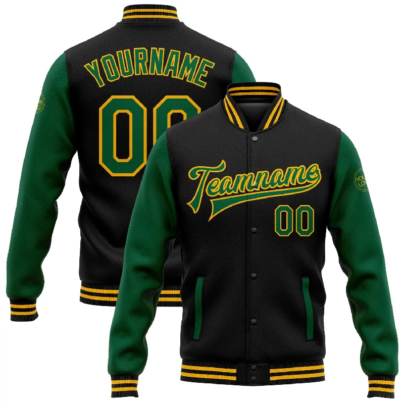 One Size Black Kelly Green-Gold Bomber Full-Snap Varsity Letterman Two Tone Jacket