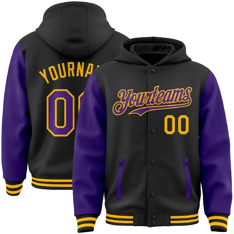 One Size Black Purple-Gold Bomber Full-Snap Varsity Letterman Two Tone Hoodie Jacket