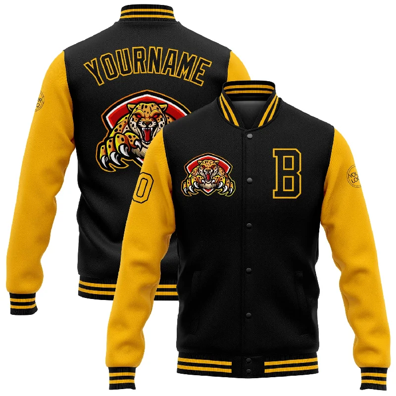 One Size Black Gold 3D Pattern Design Bomber Full-Snap Varsity Letterman Jacket