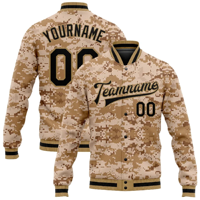 One Size Camo Black-Old Gold 3D Bomber Full-Snap Varsity Letterman Salute To Service Jacket