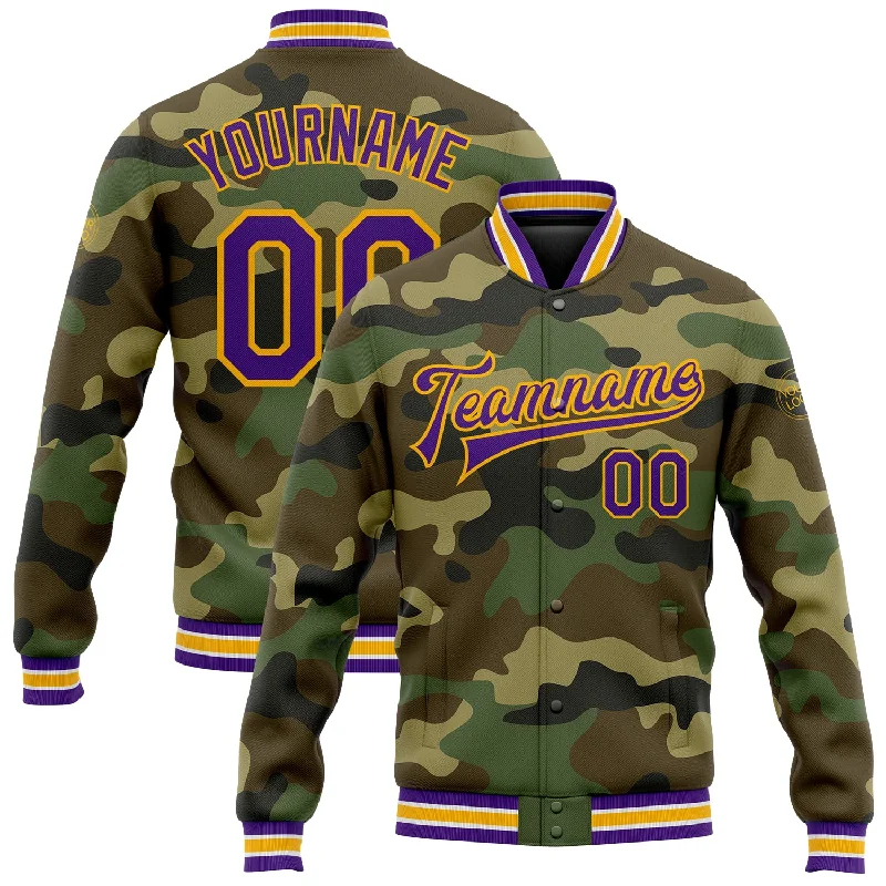 One Size Camo Purple-Gold Bomber Full-Snap Varsity Letterman Salute To Service Jacket