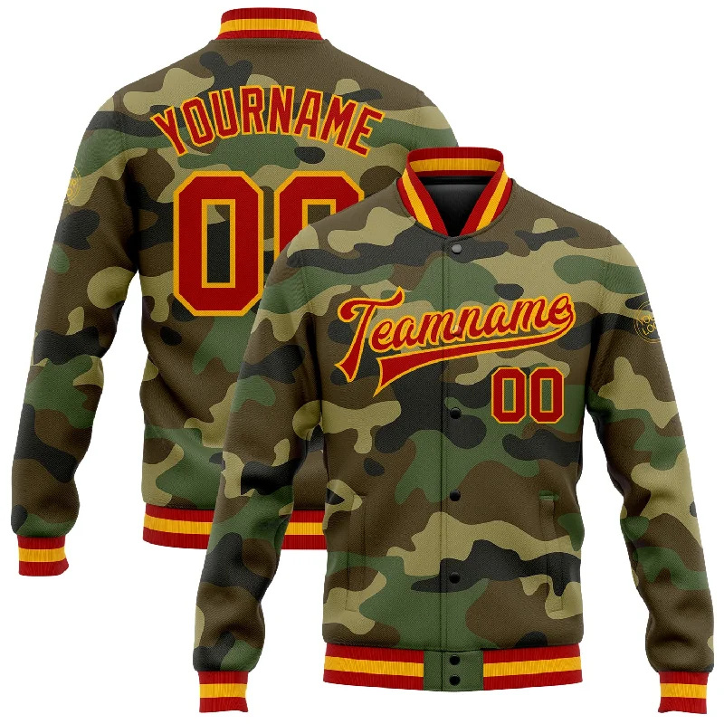 One Size Camo Red-Gold Bomber Full-Snap Varsity Letterman Salute To Service Jacket