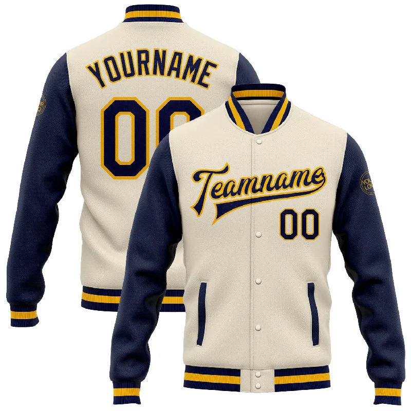 One Size Cream Navy-Gold Bomber Full-Snap Varsity Letterman Two Tone Jacket