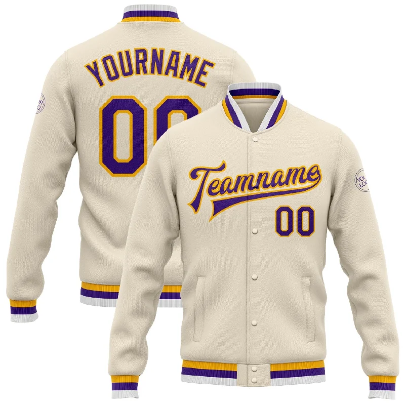 One Size Cream Purple-Gold Bomber Full-Snap Varsity Letterman Jacket