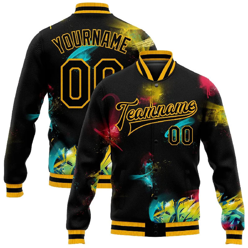 One Size Graffiti Pattern Black-Gold 3D Bomber Full-Snap Varsity Letterman Jacket