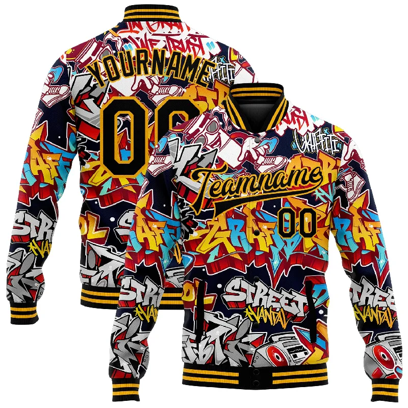 One Size Graffiti Pattern Black-Gold Grunge Urban Street Art 3D Bomber Full-Snap Varsity Letterman Jacket