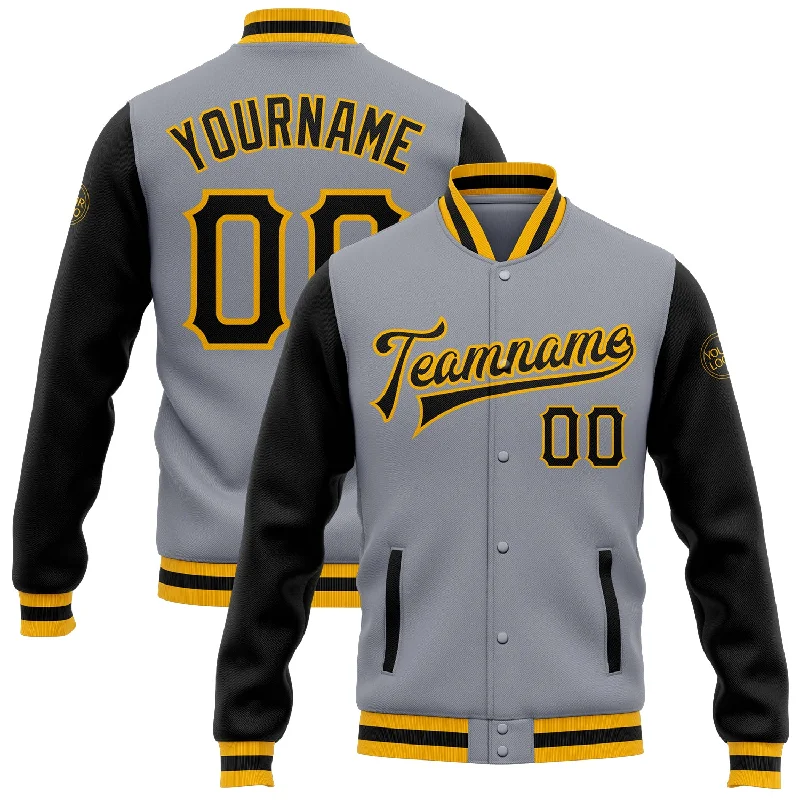 One Size Gray Black-Gold Bomber Full-Snap Varsity Letterman Two Tone Jacket