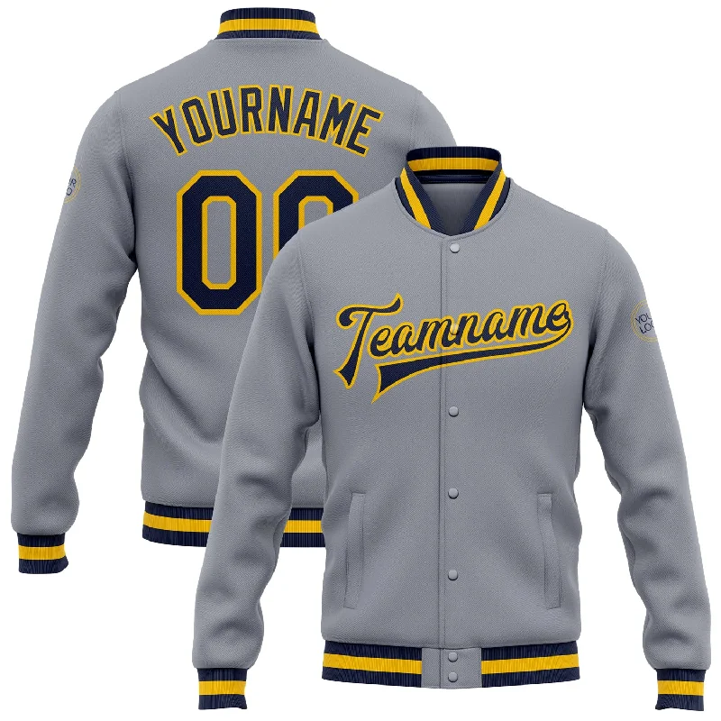 One Size Gray Navy-Gold Bomber Full-Snap Varsity Letterman Jacket