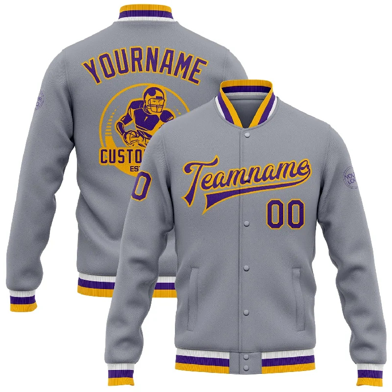 One Size Gray Purple-Gold Bomber Full-Snap Varsity Letterman Jacket