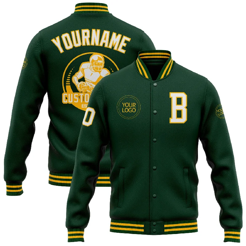 One Size Green White-Gold Bomber Full-Snap Varsity Letterman Jacket