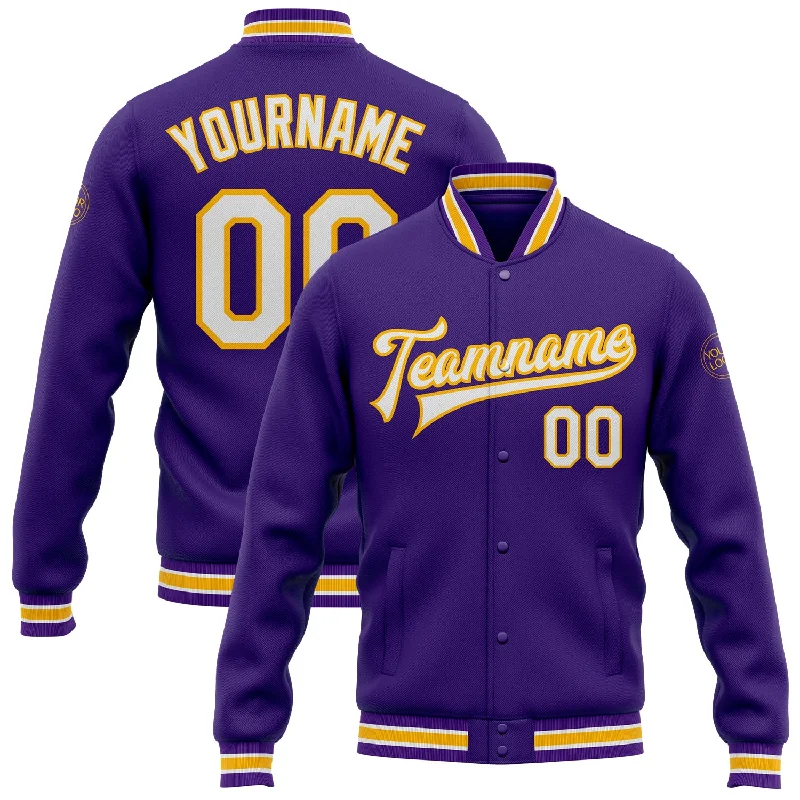 One Size Purple White-Gold Bomber Full-Snap Varsity Letterman Jacket