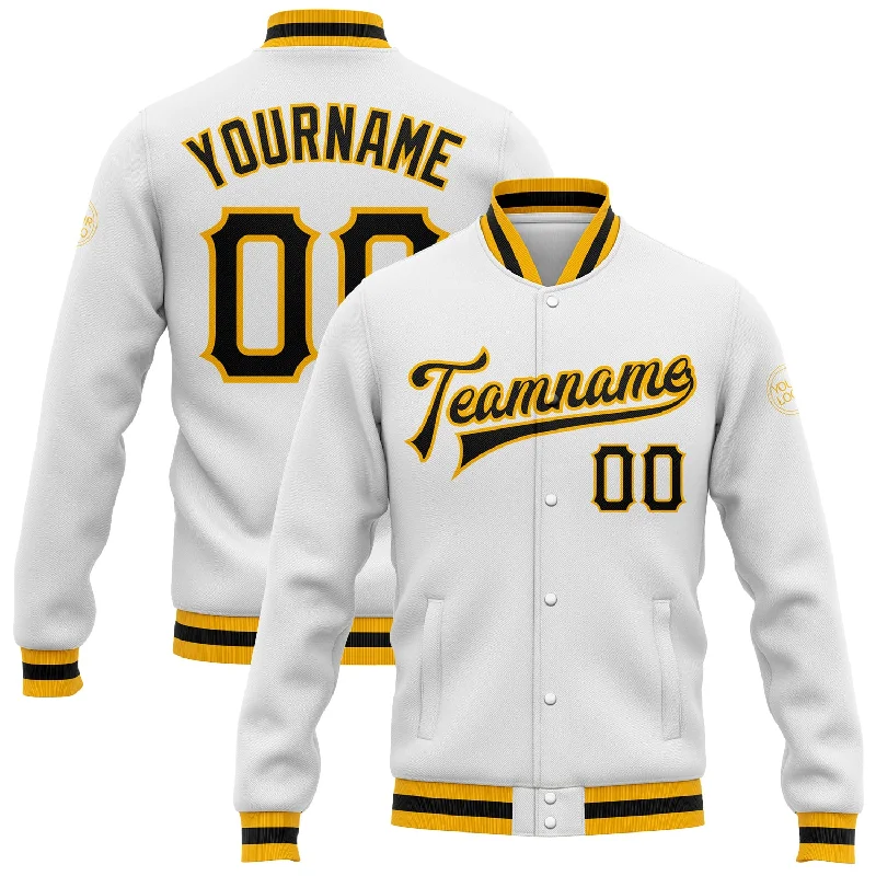 One Size White Black-Gold Bomber Full-Snap Varsity Letterman Jacket