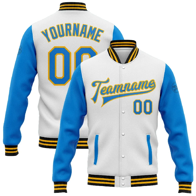 One Size White Powder Blue Gold-Black Bomber Full-Snap Varsity Letterman Two Tone Jacket