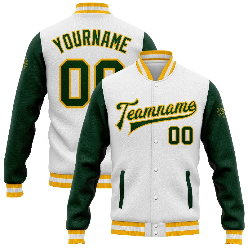 One Size White Green-Gold Bomber Full-Snap Varsity Letterman Two Tone Jacket