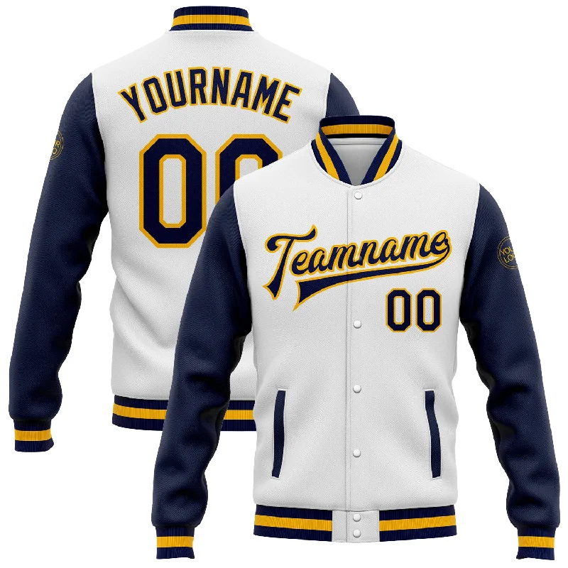 One Size White Navy-Gold Bomber Full-Snap Varsity Letterman Two Tone Jacket