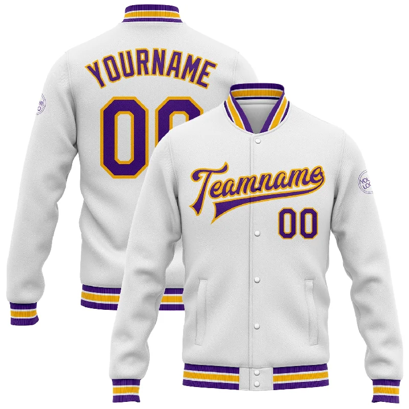 One Size White Purple-Gold Bomber Full-Snap Varsity Letterman Jacket