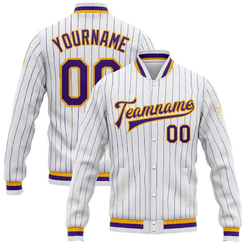 One Size White Purple Pinstripe Purple-Gold Bomber Full-Snap Varsity Letterman Jacket