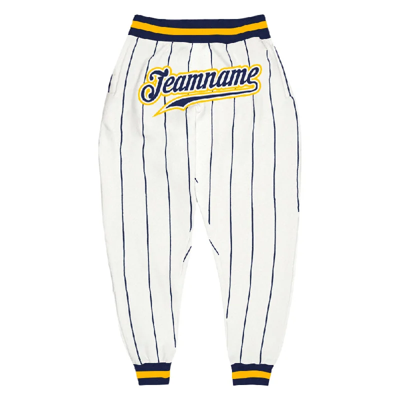 One Size White Navy Pinstripe Navy-Gold Sports Pants