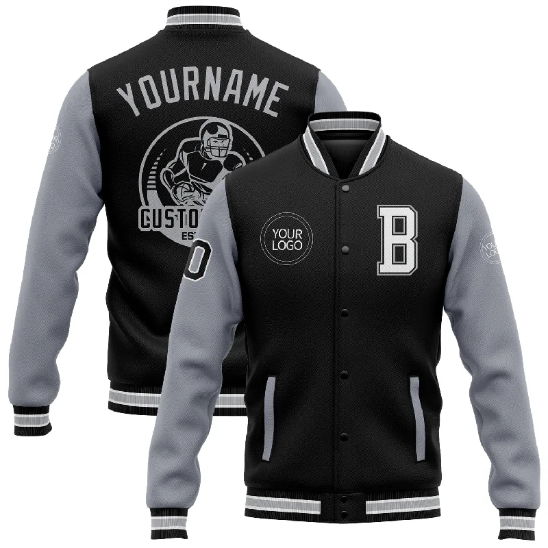 One Size Black White-Gray Bomber Full-Snap Varsity Letterman Two Tone Jacket