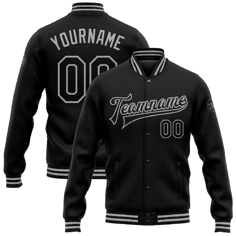 One Size Black Gray Bomber Full-Snap Varsity Letterman Jacket