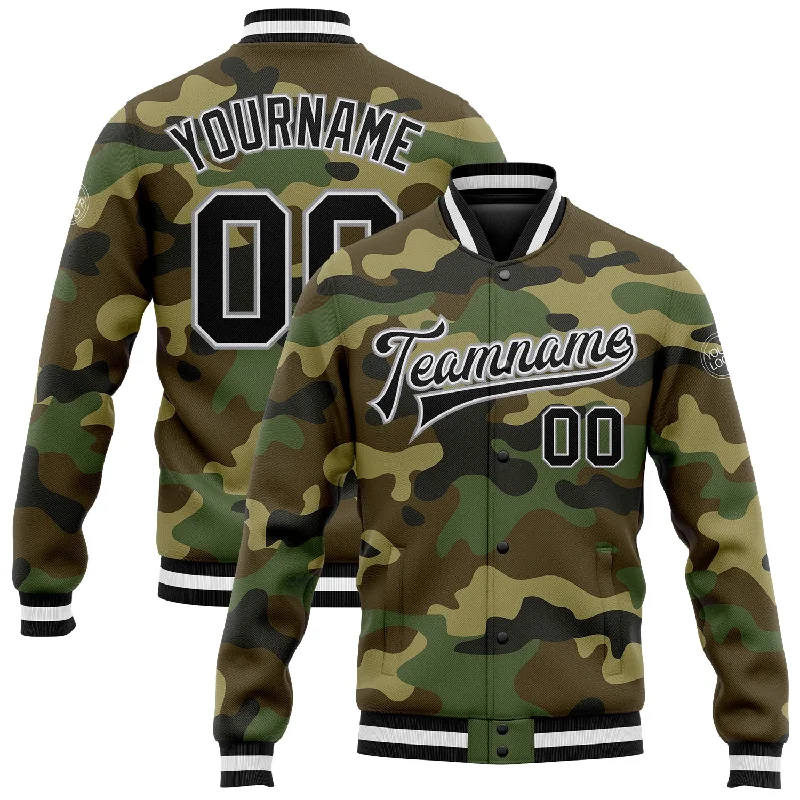 One Size Camo Black-Gray Bomber Full-Snap Varsity Letterman Salute To Service Jacket