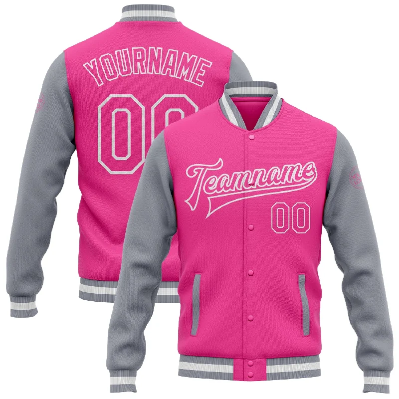 One Size Pink Pink Gray-White Bomber Full-Snap Varsity Letterman Two Tone Jacket