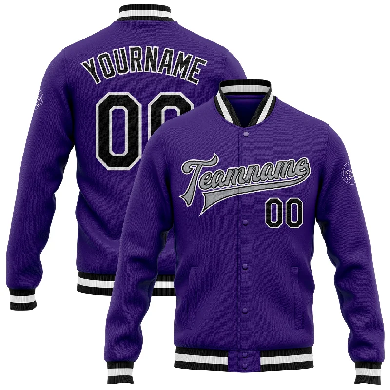 One Size Purple Black-Gray Bomber Full-Snap Varsity Letterman Jacket