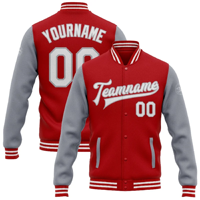 One Size Red White-Gray Bomber Full-Snap Varsity Letterman Two Tone Jacket