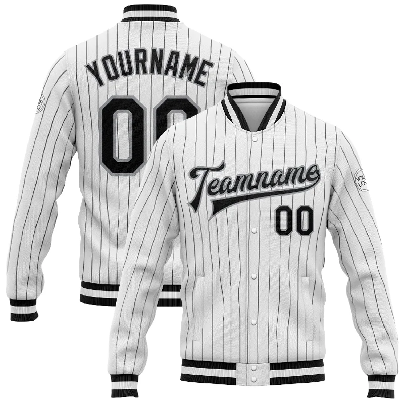 One Size White Black Pinstripe Black-Gray Bomber Full-Snap Varsity Letterman Jacket