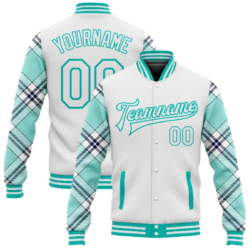 One Size White Ice Blue Aqua-Navy Check Board 3D Pattern Design Bomber Full-Snap Varsity Letterman Jacket