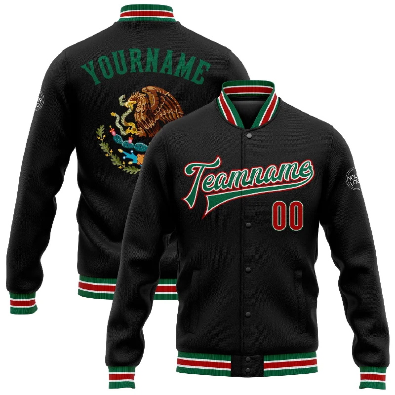 One Size Black Red-Kelly Green Mexico 3D Bomber Full-Snap Varsity Letterman Jacket