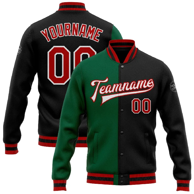 One Size Black Red-Kelly Green Bomber Full-Snap Varsity Letterman Split Fashion Jacket