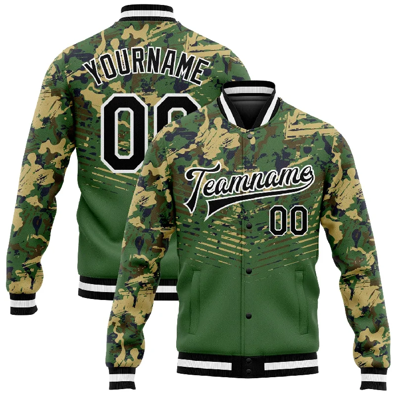 One Size Camo Black-Kelly Green 3D Bomber Full-Snap Varsity Letterman Salute To Service Jacket