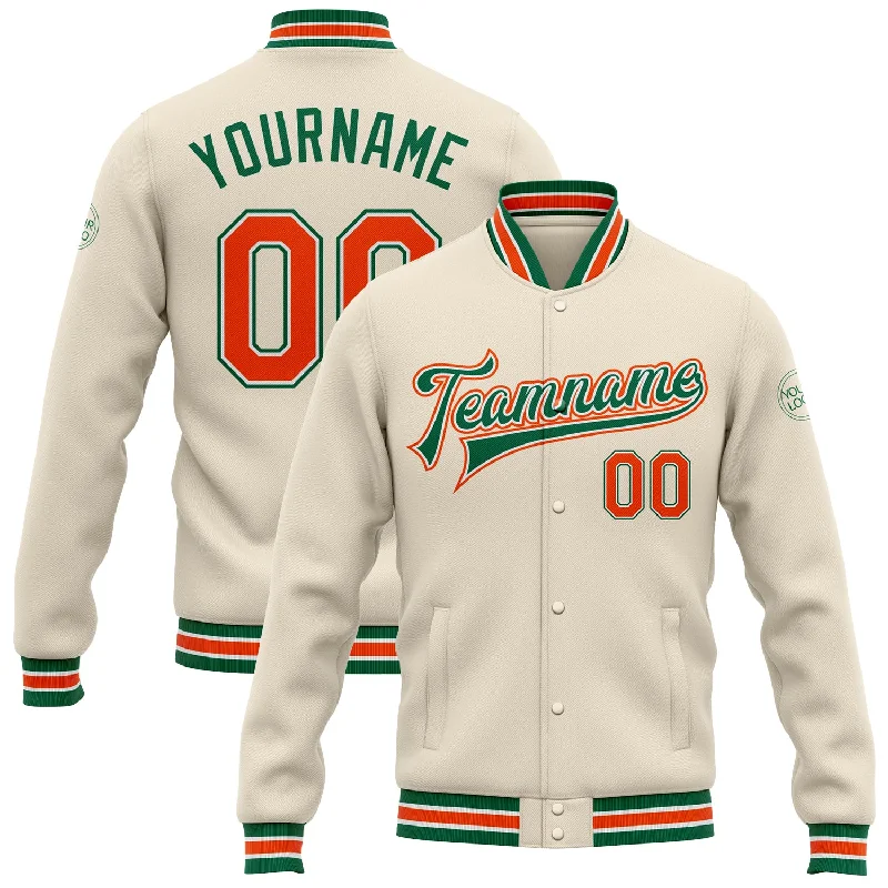 One Size Cream Orange-Kelly Green Bomber Full-Snap Varsity Letterman Jacket