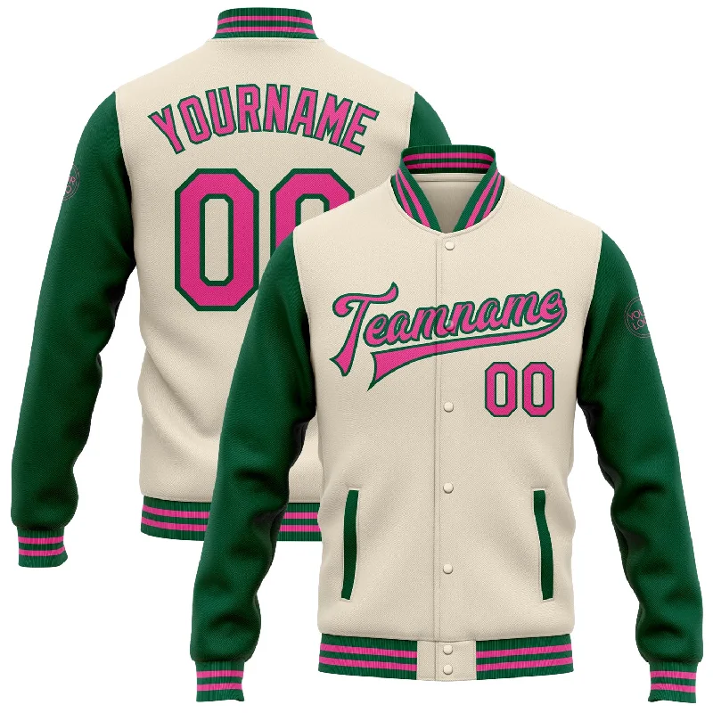 One Size Cream Pink-Kelly Green Bomber Full-Snap Varsity Letterman Two Tone Jacket