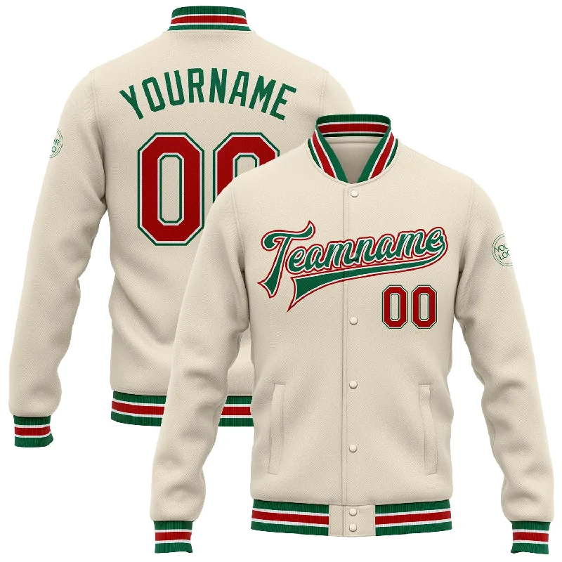 One Size Cream Red-Kelly Green Bomber Full-Snap Varsity Letterman Jacket