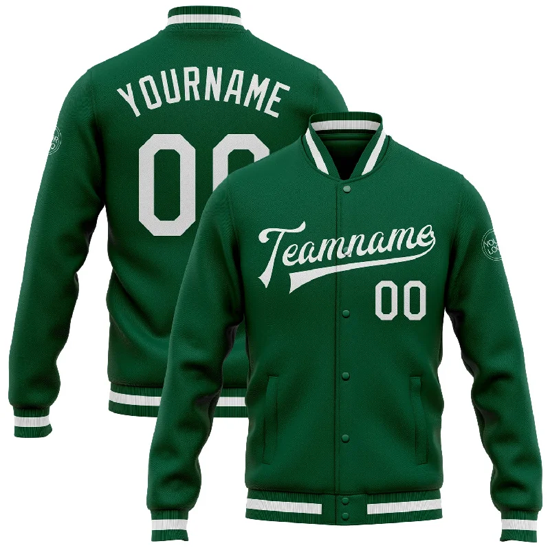 One Size Kelly Green White Bomber Full-Snap Varsity Letterman Jacket