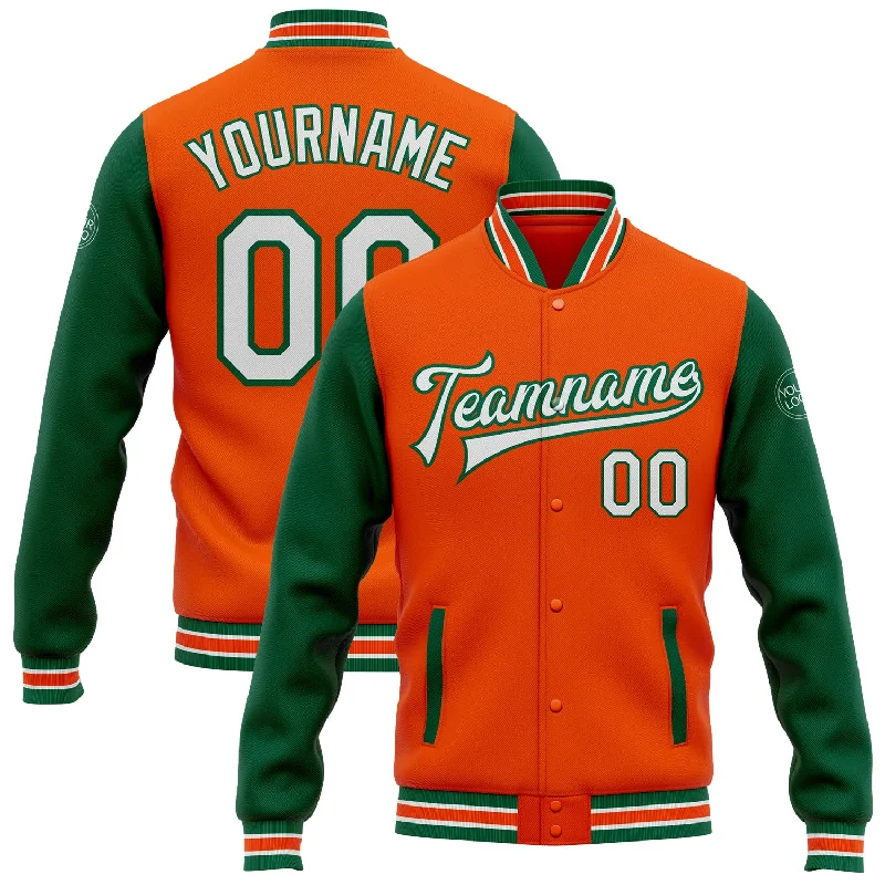 One Size Orange White-Kelly Green Bomber Full-Snap Varsity Letterman Two Tone Jacket