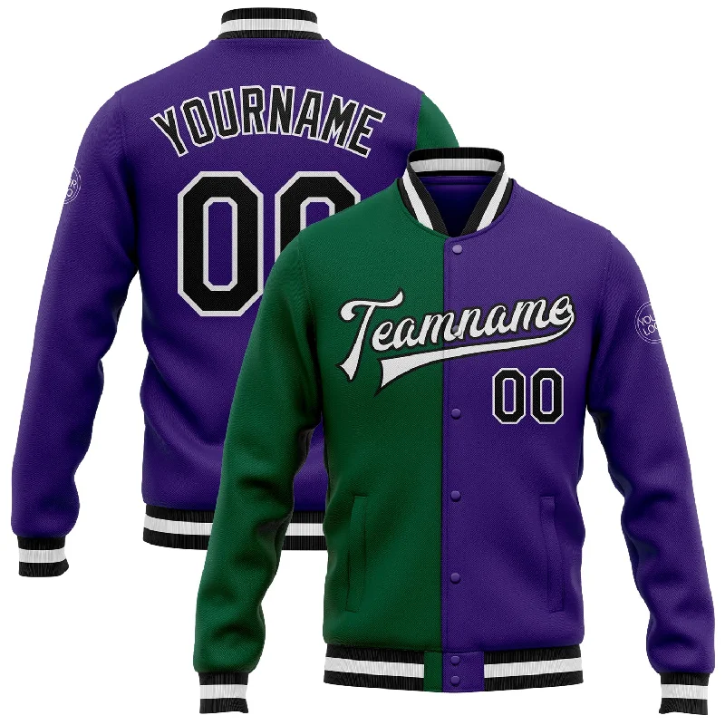 One Size Purple Black Kelly Green Bomber Full-Snap Varsity Letterman Split Fashion Jacket