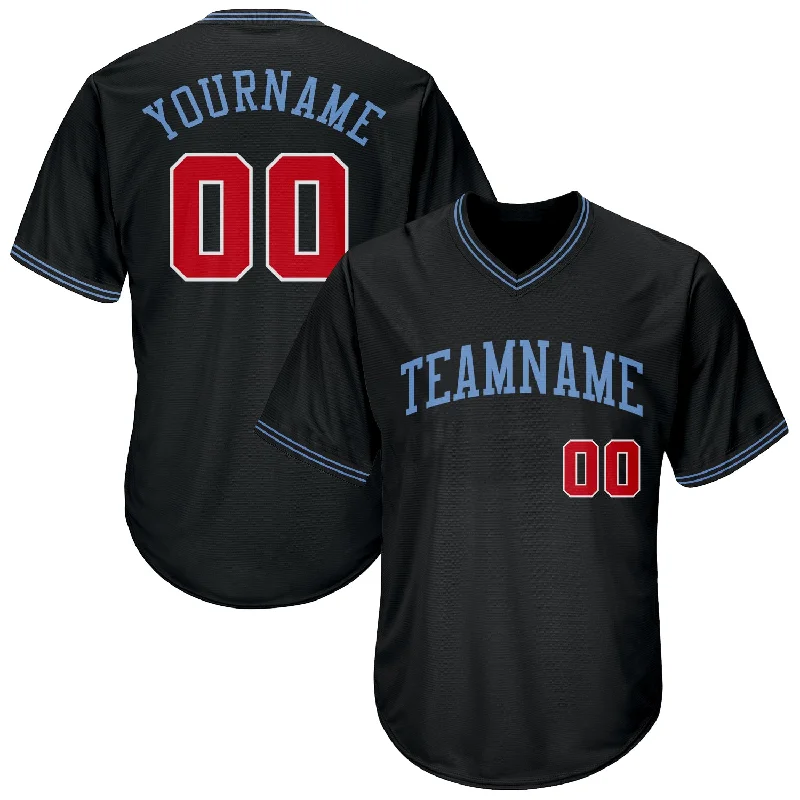 One Size Black Red-Light Blue Authentic Throwback Rib-Knit Baseball Jersey Shirt