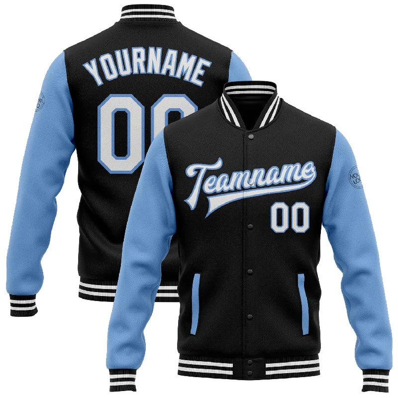 One Size Black White-Light Blue Bomber Full-Snap Varsity Letterman Two Tone Jacket