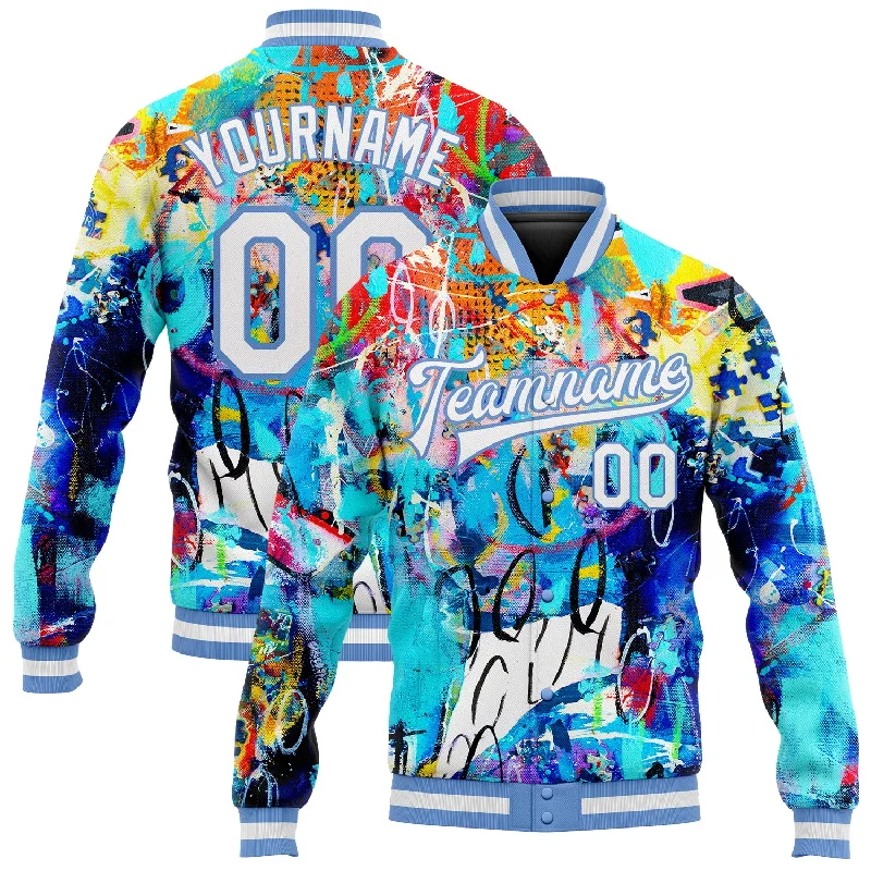 One Size Graffiti Pattern White-Light Blue Abstract 3D Bomber Full-Snap Varsity Letterman Jacket