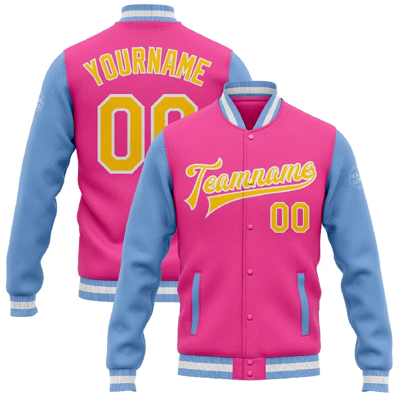 One Size Pink Yellow-Light Blue Bomber Full-Snap Varsity Letterman Two Tone Jacket