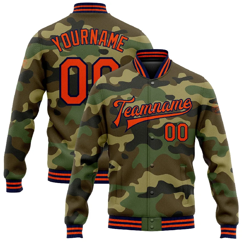 One Size Camo Orange-Navy Bomber Full-Snap Varsity Letterman Salute To Service Jacket