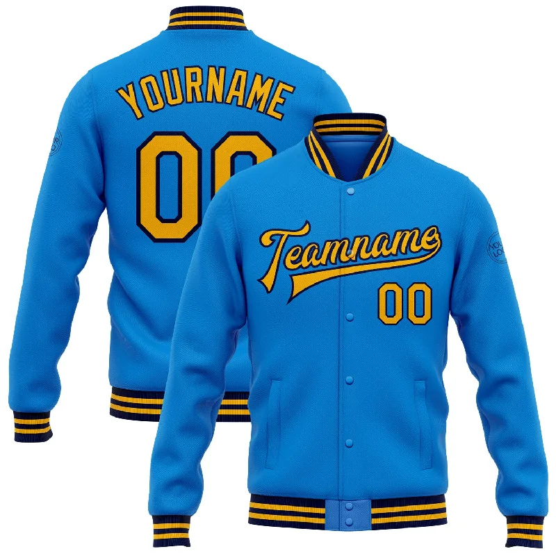 One Size Powder Blue Gold-Navy Bomber Full-Snap Varsity Letterman Jacket