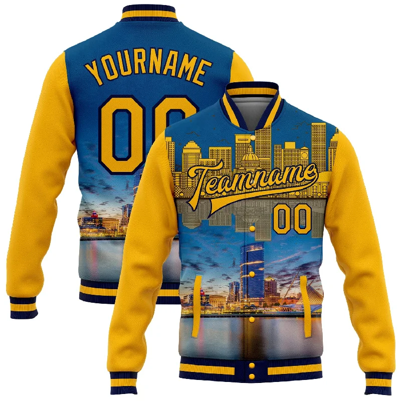 One Size Gold Navy Milwaukee Wisconsin City Edition 3D Bomber Full-Snap Varsity Letterman Jacket