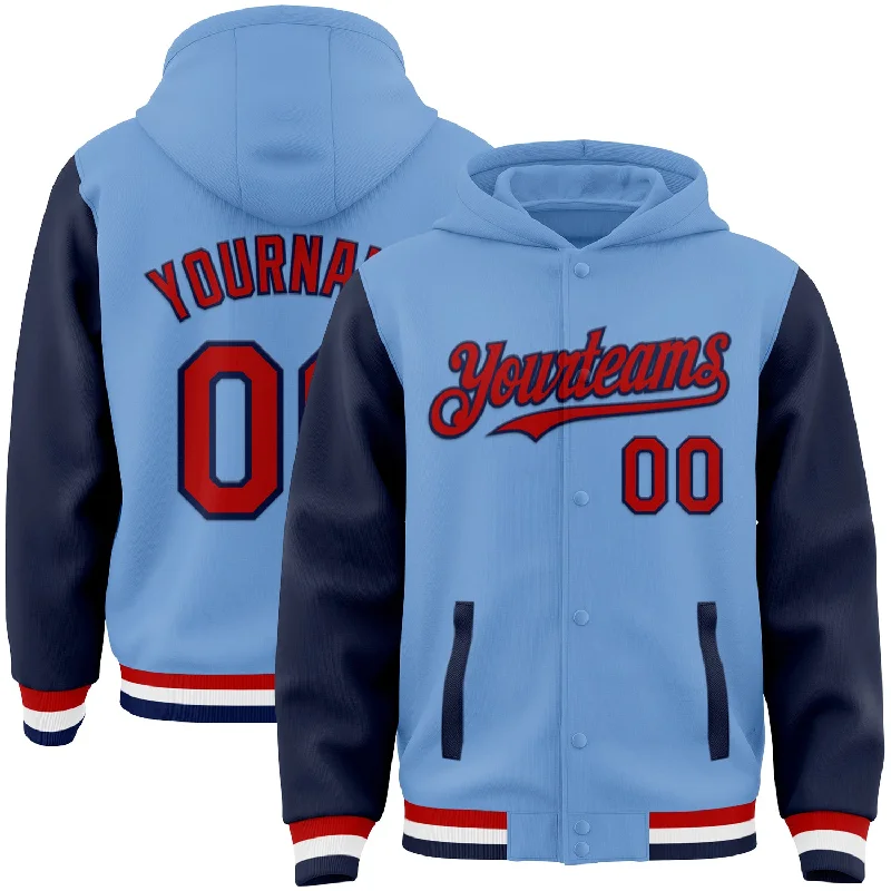 One Size Light Blue Red-Navy Bomber Full-Snap Varsity Letterman Two Tone Hoodie Jacket