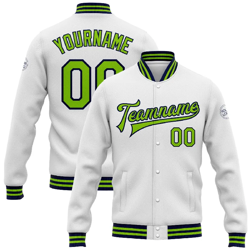 One Size White Neon Green-Navy Bomber Full-Snap Varsity Letterman Jacket