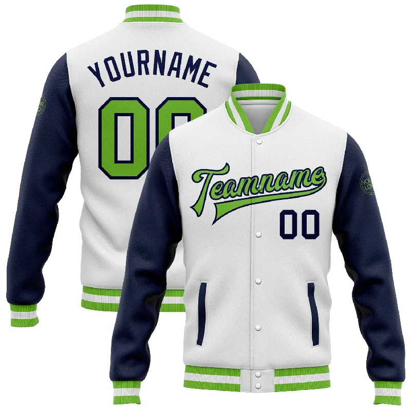 One Size White Neon Green-Navy Bomber Full-Snap Varsity Letterman Two Tone Jacket